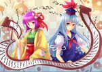  blue_hair calligraphy_brush checkered checkered_background floral_background flower hair_flower hair_ornament hat hieda_no_akyuu kamishirasawa_keine multiple_girls paintbrush pink_eyes pink_hair scroll sheeg sleeves_past_wrists tokin_hat touhou yellow_eyes 