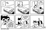  adam_muto ambiguous_gender anthro bed cat comic dialog door english_text feline feral male mammal monochrome penguin pillow sleeping suitcase tall_penguin text 