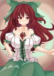  absurdres alternate_costume bare_shoulders bow breasts brown_hair cleavage hair_bow hand_on_hip highres large_breasts long_hair luonawei red_eyes reiuji_utsuho skirt smile solo third_eye touhou 
