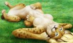  blue_eyes breasts chakat feline female fur grass hair jocarra looking_at_viewer lying lynx mammal nude solo spots tan_fur taur white_fur 