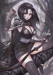  ashe_(league_of_legends) black_hair boots breasts cape cleavage danann dress green_eyes large_breasts league_of_legends long_hair smile solo tattoo thighhighs tree woad_ashe 