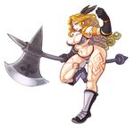  abs amazon_(dragon's_crown) armlet armor bikini_armor blonde_hair breasts circlet dragon's_crown feathers gloves gurumo_(123) halberd large_breasts long_hair muscle muscular_female polearm solo tattoo thick_thighs thighs weapon 