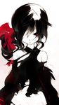  bare_shoulders black_dress black_hair black_sclera bow dress hair_bow hair_over_one_eye long_hair low_ponytail original ozisan ponytail red_pupils simple_background solo tears 