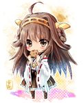  bare_shoulders blush boots brown_eyes brown_hair chibi cookie detached_sleeves double_bun eating food hair_ornament hairband headgear japanese_clothes kantai_collection kongou_(kantai_collection) long_hair long_sleeves nontraditional_miko open_mouth shirt skirt smile solo tiara wide_sleeves yuya_(night_lily) 