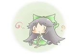  ? black_hair bow cape chibi hair_bow homurabi long_hair reiuji_utsuho sitting skirt solo third_eye touhou wings 