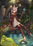  absurdres animal_ears barefoot dress fangxiang_cuoluan fingerless_gloves gloves highres light_rays original purple_hair red_eyes shoes_removed short_hair sitting smile solo staff sunbeam sunlight thighhighs toeless_legwear water 