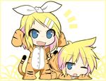  1girl animal_costume animal_print arms_up blonde_hair blue_eyes blush brother_and_sister chibi costume fang hair_ornament hair_ribbon hairclip kagamine_len kagamine_rin ladfa lying on_stomach one_eye_closed open_mouth ribbon short_hair siblings sleepy smile tail tiger_costume tiger_print tiger_tail twins vocaloid 