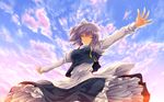  apron blue_sky blush breasts closed_eyes cloud hat highres juliet_sleeves letty_whiterock long_sleeves medium_breasts nekominase outstretched_arms puffy_sleeves purple_hair revision scarf shirt short_hair skirt sky smile solo touhou vest 