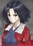  black_hair blood blood_on_face brown_eyes highres isshiki_(ffmania7) jacket japanese_clothes kara_no_kyoukai kimono red_jacket ryougi_shiki short_hair solo 