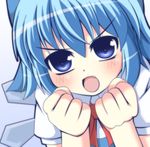  blue_dress blue_eyes blue_hair cirno clenched_hands dress face fang hair_ribbon ice ice_wings looking_at_viewer masiromu open_mouth puffy_sleeves ribbon shirt short_sleeves solo touhou upper_body wings 