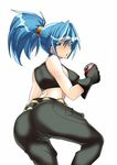  ass back belt black_gloves blue_eyes blue_hair blush breasts can crop_top earrings explosive from_behind gloves grenade jewelry large_breasts leona_heidern long_hair looking_back nightmare-doom pants ponytail soda_can solo strap_gap tank_top the_king_of_fighters 
