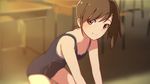  16:9 1girl blurry brown_eyes brown_hair classroom futami_mami idolmaster looking_at_viewer one-piece_swimsuit ponytail side_ponytail smile solo swimsuit vc3000mg 