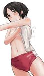  black_hair breath buruma drying drying_body kantai_collection looking_at_viewer nagara_(kantai_collection) one_side_up shibasaki_shouji short_hair solo sweat topless towel 