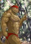  anthro biceps big_muscles black_nose blush brown_fur bulge butt canine dog fur looking_at_viewer male mammal manya muscles nipples pecs pointing pose red_eyes smirk solo speedo standing swimsuit toned topless 