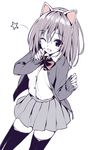  animal_ears bow cardigan cat_ears long_sleeves looking_at_viewer monochrome one_eye_closed open_cardigan open_clothes original oryou short_hair skirt solo star thighhighs 