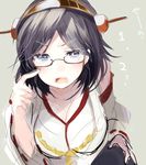  black-framed_eyewear black_eyes black_hair breasts finger_to_cheek glasses hairband kantai_collection kirishima_(kantai_collection) large_breasts nochita_shin open_mouth solo 