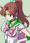  back_bow bishoujo_senshi_sailor_moon bow brown_hair choker covered_navel earrings green_choker green_eyes green_sailor_collar hair_bobbles hair_ornament hands_on_hips jewelry kino_makoto kouda_tomohiro pink_bow ponytail sailor_collar sailor_jupiter sailor_senshi_uniform smile solo tiara 