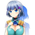  blue_eyes blush braid breasts cleavage hair_ornament hairclip hand_on_own_chest ken_(chamcham7) large_breasts looking_at_viewer seolla_schweizer shadow short_hair side_braid silver_hair simple_background single_braid smile solo super_robot_wars super_robot_wars_original_generation white_background 