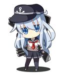  blue_eyes blue_hair chibi dress hat hibiki_(kantai_collection) hitsuji_bako kantai_collection long_hair looking_at_viewer machinery pantyhose school_uniform serafuku solo turret 