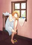  barefoot bird blonde_hair blue_eyes chair clover dress four-leaf_clover full_body highres indoors knee_up legs looking_out_window md5_mismatch mouth_hold original shiroori_kanade short_hair sitting solo window wings 