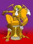  anthro armor big_breasts blonde_hair boots breasts cleavage drape eltonpot female gradient_background hair hindpaw paws pedestal pointing sitting smile spikes toes wiggle 