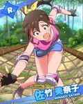  artist_request blue_eyes brown_hair character_name elbow_pads fingerless_gloves gloves hair_ribbon idolmaster idolmaster_million_live! knee_pads knees_together_feet_apart official_art ponytail ribbon satake_minako shorts solo sweat wide-eyed 