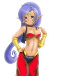  arabian_clothes bandeau blue_eyes breasts choker cleavage dark_skin earrings finalcake forehead_jewel hand_on_hip harem_pants highres jewelry long_hair medium_breasts midriff open_clothes open_vest pants pointy_ears ponytail purple_hair shantae_(character) shantae_(series) smile solo tiara very_long_hair vest 