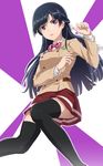  black_hair black_legwear breasts convenient_leg ebiblue half_updo kakumeiki_valvrave long_hair medium_breasts purple_eyes rukino_saki school_uniform skirt solo thighhighs 