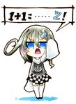  ahoge arm_up blue_eyes blush blush_stickers checkered checkered_skirt chibi colored_pencil_(medium) gokuu_(acoloredpencil) hair_ornament hairclip highres long_sleeves looking_at_viewer math open_mouth original power_symbol silver_hair simple_background skirt sleeves_past_wrists solo speech_bubble thighhighs traditional_media tsurime white_background white_legwear 