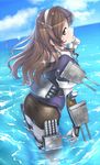  ashigara_(kantai_collection) blush brown_eyes brown_hair gloves hairband hi-ho- kantai_collection long_hair looking_at_viewer looking_back ocean solo sparkle standing white_gloves 