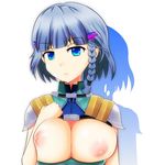  blue_eyes braid breasts breasts_outside cleavage frown hair_ornament hairclip ken_(chamcham7) large_breasts looking_at_viewer nipples seolla_schweizer shadow short_hair side_braid silver_hair simple_background single_braid solo super_robot_wars super_robot_wars_original_generation white_background 