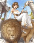  :d architecture blush breasts brown_hair choker cleavage column cybele_(unmei_no_clan_battle) detached_sleeves dress earrings greco-roman_architecture hair_ornament jewelry large_breasts lion open_mouth pillar red_eyes riding short_hair smile solo ss39 staff unmei_no_clan_battle 