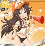  :d bad_id bad_pixiv_id brown_hair card_(medium) character_name clothes_writing cowboy_shot crop_top crop_top_overhang geru_(alpha_discotica) green_eyes hat himekawa_yuki holding idolmaster idolmaster_cinderella_girls long_hair looking_at_viewer megaphone midriff navel open_mouth panties shiny shiny_skin simple_background smile solo sparkle standing striped striped_background sun_(symbol) underwear wristband 