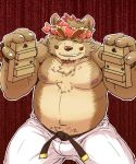  2018 anthro belly brown_fur bulge clothing eyes_closed footwear fur humanoid_hands male mammal moobs nipples overweight overweight_male pants rockmai3 saigou_shirou sandals sengoku_puzzle simple_background solo ursine 