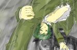  areola_slip areolae artist_request bent_over dress_shirt green_eyes green_hair hermes kino kino_no_tabi motor_vehicle motorcycle nipple_slip pants rain shirt short_hair small_breasts torn_clothes vehicle 