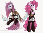  3d_maneuver_gear anthro anthrofied attack_on_titan blades blood blue_eyes clothing cosplay duo equine female friendship_is_magic fur hair horse insanitylittlered mammal military my_little_pony pink_fur pink_hair pinkamena_(mlp) pinkie_pie_(mlp) plain_background pony square_crossover weapon white_background 
