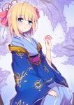  blonde_hair blue_eyes blush hair_ornament hair_stick haruyuki_(yukichasoba) highres japanese_clothes kimono looking_at_viewer original sengoku_taisen short_hair smile solo 