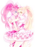  absurdres bare_shoulders blonde_hair blue_eyes blush bow choker couple cure_melody cure_rhythm highres houjou_hibiki hug long_hair md5_mismatch midriff minamino_kanade multiple_girls navel open_mouth pink_bow pink_hair ponytail precure simple_background sleeveless suite_precure twintails white_background white_choker yellow_eyes yuri yuucho_(cololal) 