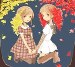  autumn autumn_leaves bad_id bad_pixiv_id blonde_hair blue_background boots brown_dress detached_sleeves dress falling_leaves flats hair_ornament holding_hands kneeling leaf looking_at_viewer multiple_girls nucco original pantyhose plaid plaid_dress simple_background smile thighhighs wreath 