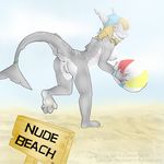  beach beach_ball blonde_hair breasts ear_piercing female fish gauged_ear gills hair hat incorgnito long_hair looking_at_viewer marine nude piercing pussy seaside shark solo wounded 