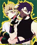  blonde_hair brown_eyes caesar_anthonio_zeppeli facial_mark feathers fingerless_gloves gloves green_eyes hair_feathers headband jojo_no_kimyou_na_bouken joseph_joestar_(young) mask midriff multiple_boys purple_hair redlark_(r083) scarf 