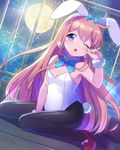  ;o animal_ears blonde_hair blue_eyes blush bow bowtie bunny_ears bunny_tail bunnysuit detached_collar earrings ensemble_girls! ensemble_girls_(artist) hoshiumi_koyoi jewelry long_hair moon official_art one_eye_closed pantyhose sitting tail wariza watermark 