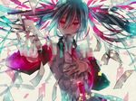  aqua_hair bad_id bad_pixiv_id detached_sleeves hand_on_own_chest hatsune_miku long_hair mizuyu mousou_zei_(vocaloid) mouth_hold nail_polish necktie paper red_eyes solo twintails vocaloid 