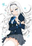  blue_eyes commentary_request finger_to_mouth gj hairband long_hair looking_at_viewer original pleated_skirt school_uniform skirt smile solo star thighhighs white_hair white_legwear zettai_ryouiki 