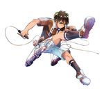  brown_hair cleats eren_yeager green_eyes highres male_focus ootsuya shingeki_no_kyojin shorts simple_background soccer_uniform solo sportswear three-dimensional_maneuver_gear white_background 