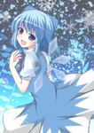  blue_dress blue_eyes blue_hair bow cirno dress fang hair_bow ice ice_wings looking_at_viewer looking_back masiromu open_mouth puffy_sleeves shirt short_sleeves smile solo touhou wings 