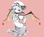 bad_id bad_pixiv_id contrapposto cropped_legs dress flandre_scarlet hand_on_hip hat heart hoshi_usagi monochrome pink_background red_eyes short_hair simple_background smile solo spot_color standing touhou wings 