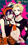  formal headband jojo_no_kimyou_na_bouken midriff multiple_boys narancia_ghirga necktie pannacotta_fugo purple_eyes purple_hair redlark_(r083) suit v white_hair wristband 