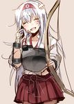  ^_^ bandages blood bow_(weapon) closed_eyes hairband kantai_collection muneate nochita_shin open_mouth shoukaku_(kantai_collection) skirt smile solo torn_clothes weapon white_hair 