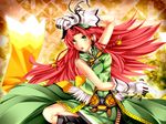  adapted_costume bell bow braid chinese_clothes contemporary gloves green_eyes hair_bow hair_ornament highres hong_meiling kazetto kung_fu long_hair red_hair solo touhou twin_braids very_long_hair 